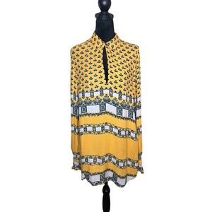 Free People‎ Flowy Long Sleeve Mini Dress Yellow Print Medium Festival Boho